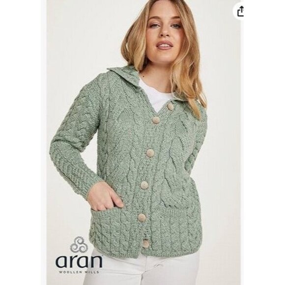 Aran Sweaters - Aran Womens Buttoned Cabled Cardigan Merino Wool Green Sz S $160 Made in Ireland